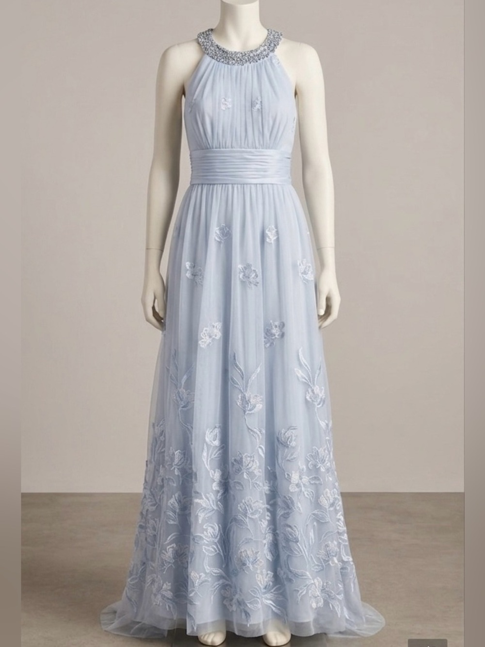 Light Blue Floral Embroidered Tulle Gown